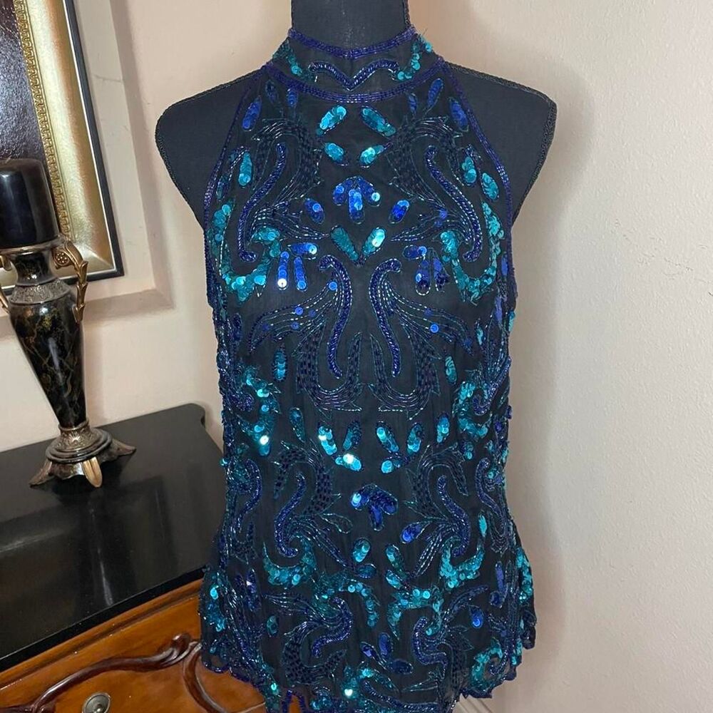 Goth mermaidcore whimsigoth beaded sequin vintage silk halter blouse